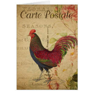 Cartão Vintage Rooster Postcard Collage Blank Inside