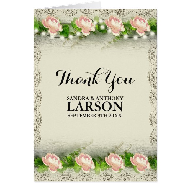 Cartão Vintage Rosa e Lace Weding Obrigado (Frente)