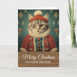 Cartão Vintage Rustic Funny Cat in Costume Christmas 