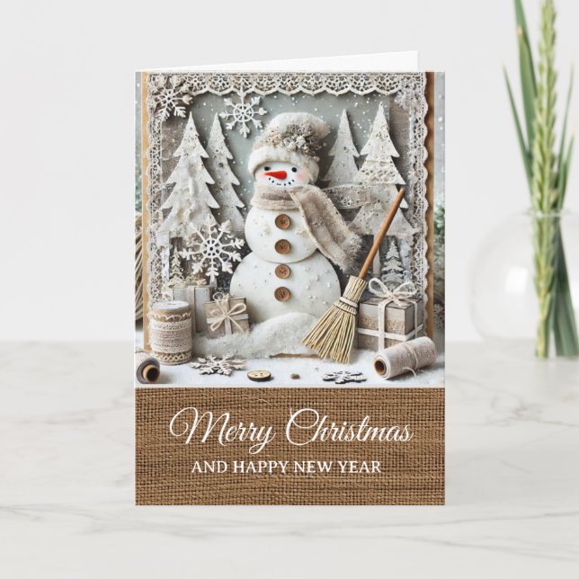 Cartão Vintage Rustic Snowman Merry Christmas  (Frente)