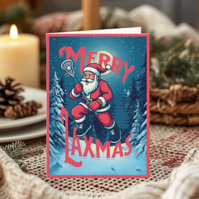 Cartão Vintage Santa Merry Laxmas Lacrosse Christmas (Vintage-style “Merry Laxmas” Christmas greeting card featuring Santa Claus holding a lacrosse stick )