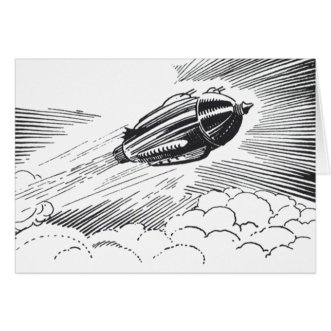Cartão Vintage Science Ficeship Rocket in Clouds (Frente Horizontal)