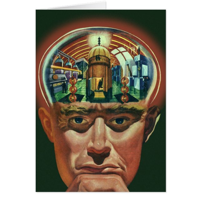 Cartão Vintage Science Fiction, Alienígena Brain in Labor (Frente)