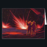 Cartão Vintage Science Fiction Alienígena Red Planet Expl<br><div class="desc">Imagem de Vintage,  ilustração futurista Science Fiction com astronautas alienígenas amigáveis acenando. Eles estão em um planeta ou lua vermelho com bolas de fogo explosivas que se parecem com fogos de artifício. Um clássico design de quadrinhos retrô 50 de ficção científica.</div>