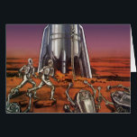 Cartão Vintage Science Fiction, Astronautas Beetle Aliens<br><div class="desc">Imagem de vintage: viagem de ficção científica futurista e imagem de foguete de transporte. Astronautas correndo até seu foguete escapando de aliens em forma de besouro em um planeta estrangeiro tentando voltar para a terra. Um clássico design de ficção científica de quadrinhos retrógrados do 50 do futuro.</div>