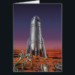 Cartão Vintage Science Fiction, Astronautas Beetle Aliens<br><div class="desc">Imagem de vintage: viagem de ficção científica futurista e imagem de foguete de transporte. Astronautas correndo até seu foguete escapando de aliens em forma de besouro em um planeta estrangeiro tentando voltar para a terra. Um clássico design de ficção científica de quadrinhos retrógrados do 50 do futuro.</div>