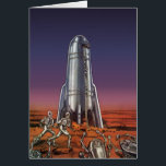 Cartão Vintage Science Fiction, Astronautas Beetle Aliens<br><div class="desc">Imagem de vintage: viagem de ficção científica futurista e imagem de foguete de transporte. Astronautas correndo até seu foguete escapando de aliens em forma de besouro em um planeta estrangeiro tentando voltar para a terra. Um clássico design de ficção científica de quadrinhos retrógrados do 50 do futuro.</div>