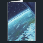 Cartão Vintage Science Fiction, Earth at Night with Stars<br><div class="desc">Ilustração de safra futurista e planetas Imagem de ficção científica apresentando uma visão da Terra do planeta a partir da janela de uma espaçonave de foguete. Podem ver nuvens a girar sobre a terra e o oceano azul. Ao longo do horizonte está o céu noturno com estrelas brilhando brilhantemente. Um...</div>
