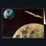 Cartão Vintage Science Fiction, Rocket Ship Over the Moon<br><div class="desc">Vintage ilustra viagem futurista e transporte Ciência Ficção imagem espacial. Um design de estilo quadrinho retrô sci fi apresentando uma nave-fogueira voando no espaço sobre a lua e voltando para a Terra do planeta no futuro.</div>