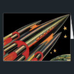 Cartão Vintage Science Fiction Roket Ship by Space Stars<br><div class="desc">Ilustração de safra futurista e imagem de ficção científica de planetas. Um clássico design de ficção científica em quadrinhos retrô,  do futuro,  com um viagem e um foguete de transporte viajando pelo espaço através das estrelas e da lua no caminho de volta à Terra.</div>