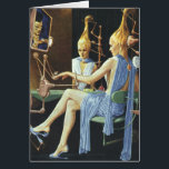 Cartão Vintage Science Ficty Beauty Salon Spa Manicures<br><div class="desc">Ilustração Vintage Ciência Ficção aliens futuristas e imagem de robôs com uma bela mulher fazendo seus cabelos e unhas (manicura e pedicura) em um salão de spa e beleza do futuro. O marido dela está no monitor impacientemente olhando para o relógio. Um clássico design de quadrinhos retrô de ficção científica....</div>