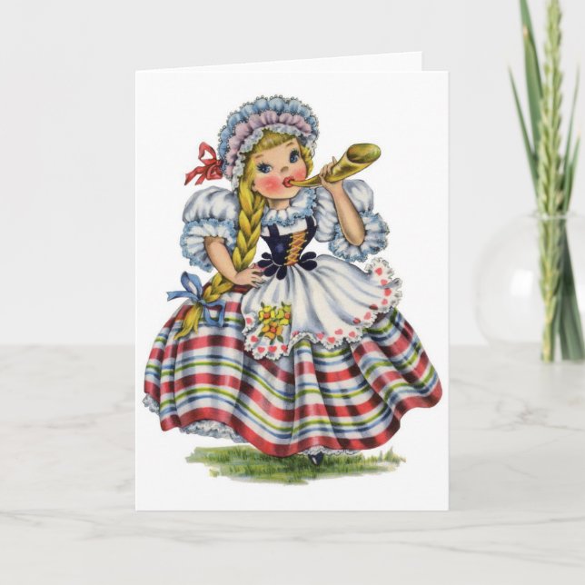 Cartão Vintage - senhorita suíça pequena, (Frente)