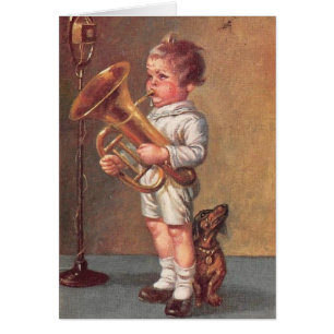 Cartão Vintage - sopro de Little Boy seu chifre,