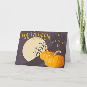 Cartão Vintage Spooky Halloween Moon e Pumpkin à Noite