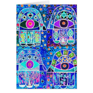 Cartão Vintage Tapastry Judaica de Hamsa de quatro azuis