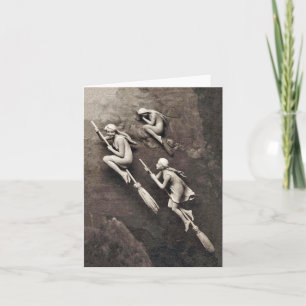 Cartão Vintage Three Halloween Witches Flying Brooms