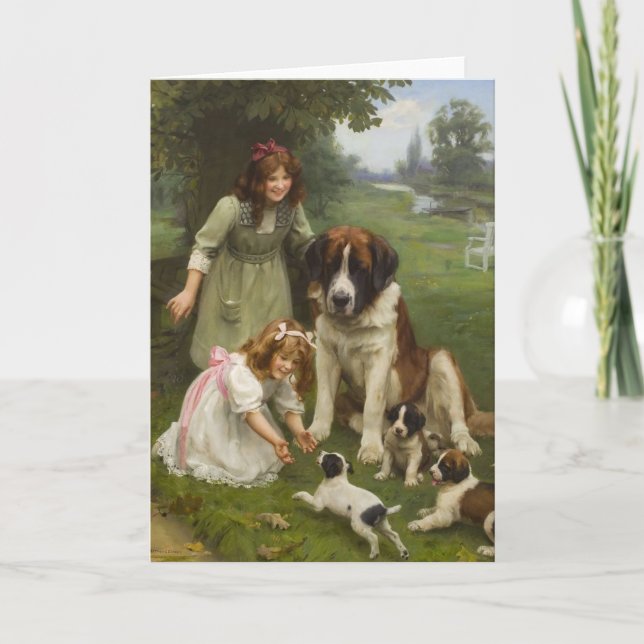 Cartão Vintage Trabalho de arte - Jogando no Parque, (Frente)