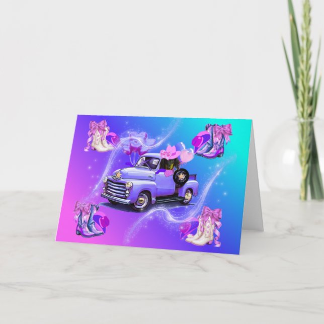 Cartão Vintage Truck Cowgirl Boots & Weenie Dog Card (Frente)