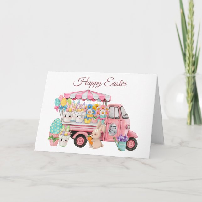 Cartão Vintage Truck with Easter Flowers and Eggs  (Frente)