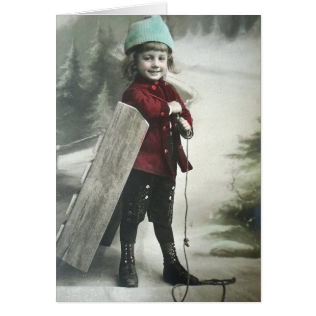 Cartão Vintage Victorian Boy com trenó (Frente)