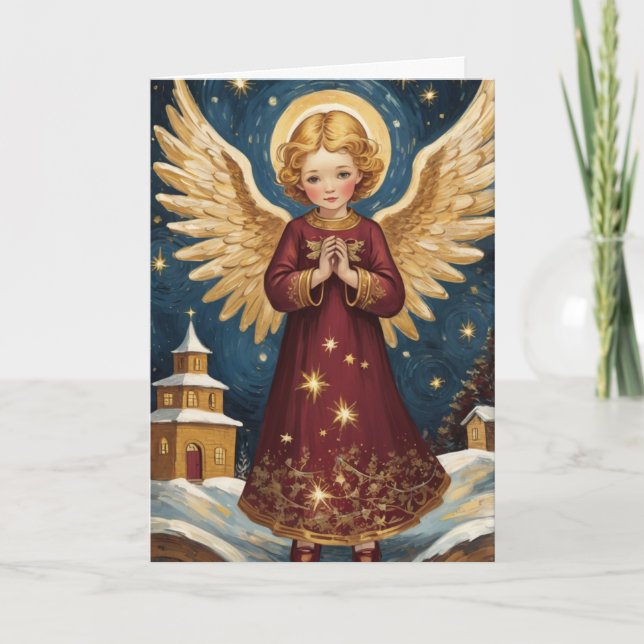 Cartão Vintage Victorian Christmas Angel Starry Night (Frente)