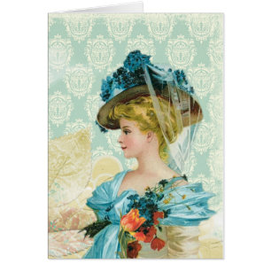 Cartão Vintage Victorian Elegant Lady Blue Lace & Flowers