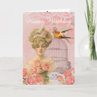 Cartão Vintage Victorian Lady e Birdcage. Aniversário.