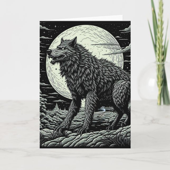 Cartão Vintage Werewolf em frente à lua cheia (Frente)
