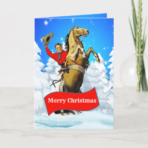 Cartão Vintage Western Cowboy Rearing Horse Feliz Christm