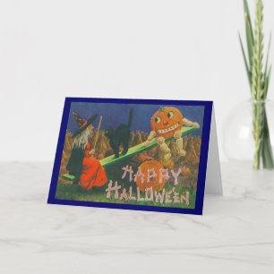 Cartão Vintage Witch e Jack o' Lanterns Jogam Time Card