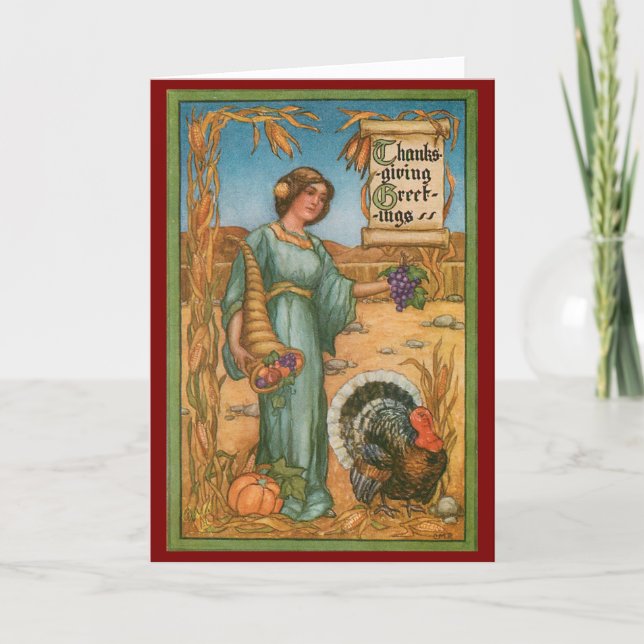 Cartão Vintage Woman And Turkey Thanksgiving Card (Frente)