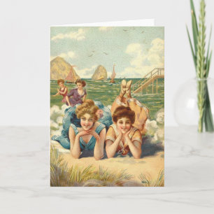 Cartão Vintage - Women Friends at the Beach,