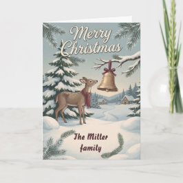 Cartão Vintage Woodland Deer & Christmas Bell Custom