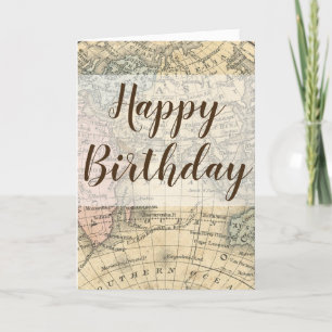 Cartão Vintage World Map Happy Birthday Card