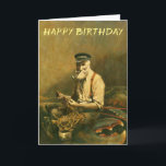 Cartão Vintageg Funny Fish man Birthday Card<br><div class="desc">Este cartão de aniversário é ilustrado por um velho pescador orgulhoso sentado numa lagosta enorme. A última pegada dele.</div>