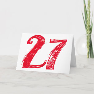 Cartão Vinte e sete é um grande texto vermelho em branco.