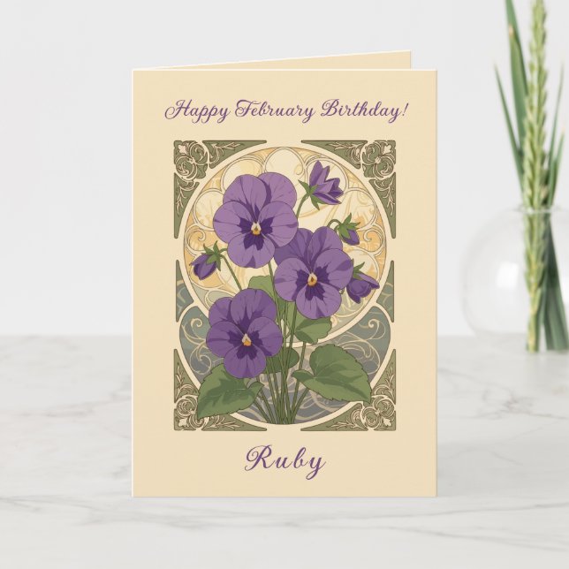 Cartão Viola February Birthday Flowers Art Nouveau Style (Frente)