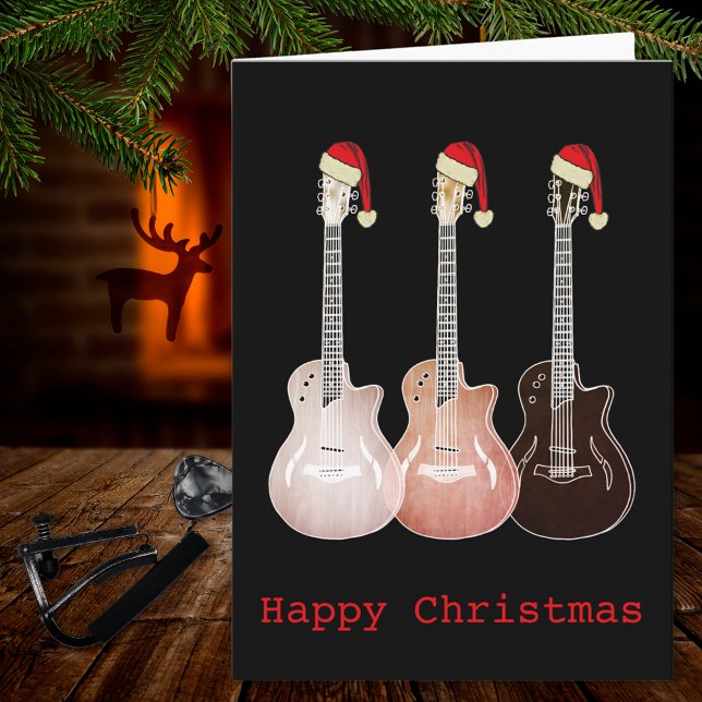 Cartão Violão de Natal Música Russa (Christmas guitars wearing Santa hats rustic music themed holidays greeting card guitarist musician )