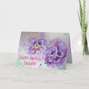 Cartão Violas Roxos Pansy Watercolor Art Birthday Card