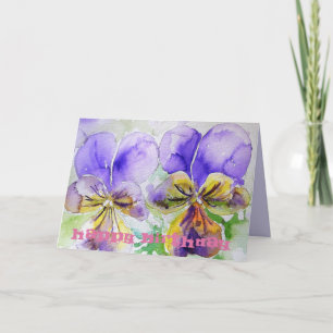 Cartão Violas Roxos Pansy Watercolor Art Birthday Card