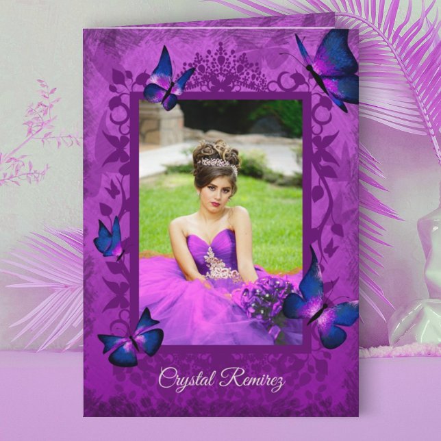 Cartão Violeta, Roxo, Borboletas Azuis Marinho Quinceaner (violet magenta purple pink quinceanera invitation, folded invite blue butterflies fancy border frame)