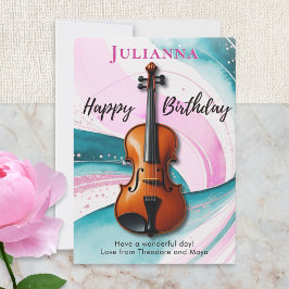 Cartão Violin Watercolor Swirls Musical Themed Birthday