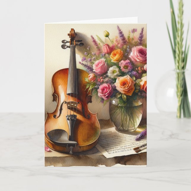 Cartão Violino, Música Folha e Vaso de Flores Aniversário (Frente)