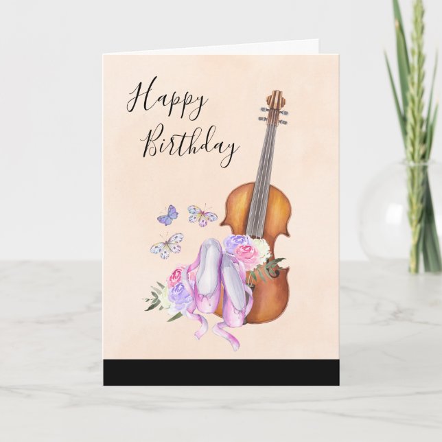 Cartão Violino, Sapatilhas de Ballet, Flores e Borboletas (Frente)