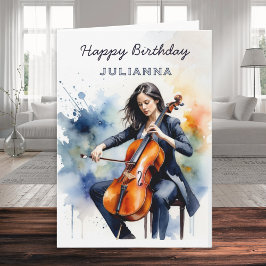 Cartão Violoncelista Aquarela Personalizada Músico Feliz