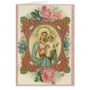 Cartão Virgem Abençoada Maria com Rosas de Bebê Jesus Vin