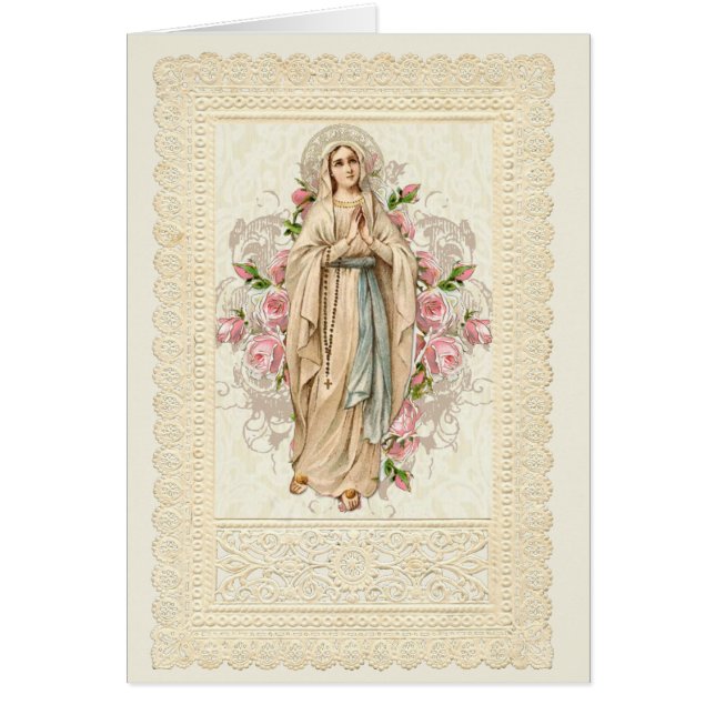 Cartão Virgem Católica Mary Rosary Floral Lace (Frente)