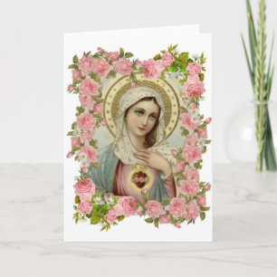 Cartão Virgem Maria católica religiosa floral vintage