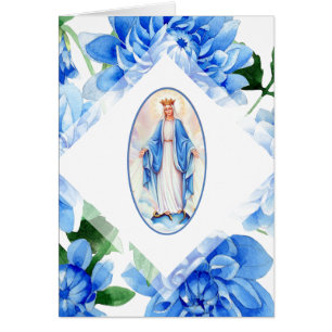 CARTÃO VIRGEM MARIA DIA DAS MÃES DÁLIAS AZUIS