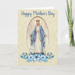 Cartão Virgem Maria   Grinalda Floral Azul   Dia das Mães